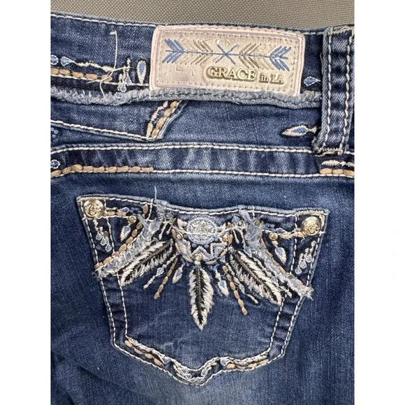 Grace in LA Bootcut Jeans Womens Blue Embroidered Sequin Feather Distressed 31 - Picture 3 of 10